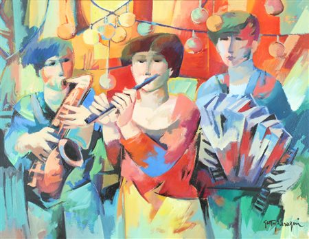BISAGNI GETTY (n. 1931) Trio musicale in festa. Olio su tela . Cm 80,00 x...