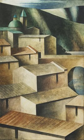 SCUFFI MARCELLO (n. 1948) La città sul fiume. 2002. Olio su tela . Cm 60,00 x...