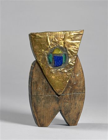 AMADIO GIUSEPPE (n. 1944) Banto. Scultura in legno , rame e vetri. Cm 15,00 x...