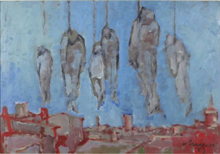 MINO MACCARI, Impiccati alle nuvole, Olio su cartone Anno 1963 Dim.50x71,8...