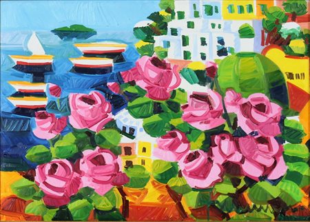 ATHOS FACCINCANI, Positano e rose, Olio su tela Anno 2006 Dim.25x35 Opera...