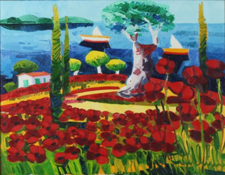 ATHOS FACCINCANI, Papaveri e pini verso il lago, Olio su tela Anno 2006...