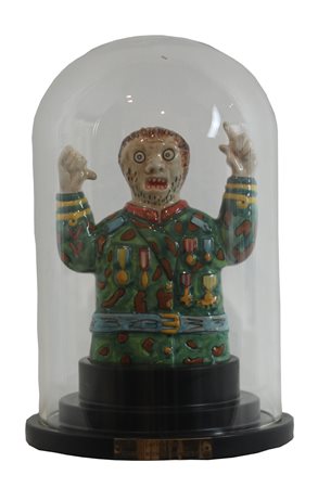 ENRICO BAJ, General Norman Schwarzkopf, Scultura in ceramica in teca di vetro...