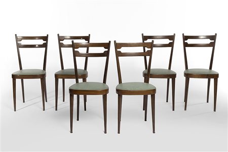 Sei sedie in legno di faggio tinto con seduta imbottita rivestita in...