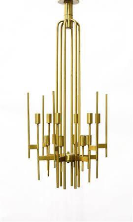 C.R. Illuminazione Lampadario in ottone satinato a dodici luci. Voghera, anni...