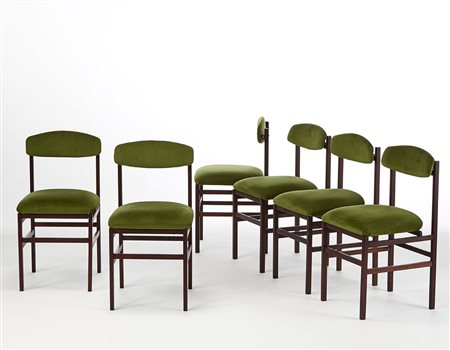 Sei sedie in teak massello con seduta e schienale rivestita in velluto verde....