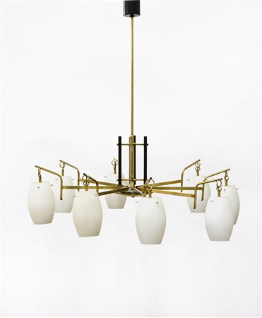 Lampada da sospensione in metallo e ottone a otto luci con diffusori in vetro...