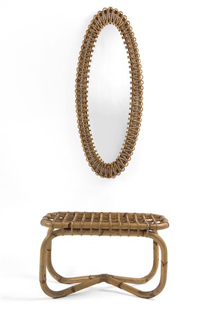 Lotto composto da uno specchio e un tavolino in giunco e malacca. Italia,...