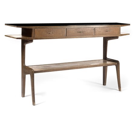 Consolle in legno di noce impiallacciato e bordato con due cassetti nella...