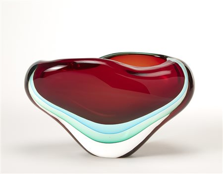 Silvano Signoretto Vaso a valva in vetro sommerso incolore verde, azzurro e...