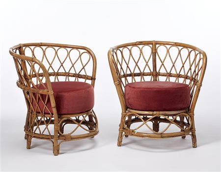 Lio Carminati Coppia di poltroncine. Italia, anni '50. Giunco intrecciato e...