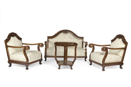 Salotto in legno di noce massello e impiallacciato con rivestimento in...