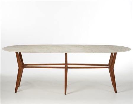 Tavolo da pranzo con piano ovale in onice, struttura a traliccio a sei gambe...