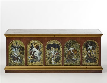 Enrico Ciuti Cassapanca in legno e ottone con fronte ad archi inquadranti...