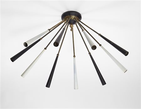 Plafoniera a dieci braccia tipo Sputnik in ottone lucidato e alluminio...