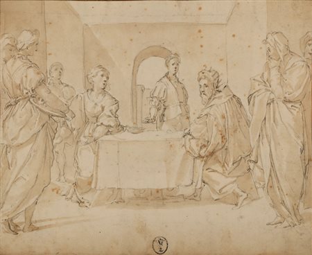 ARTISTA ITALIANO DEL XVII SECOLO Figure in un interno. China e matita su...