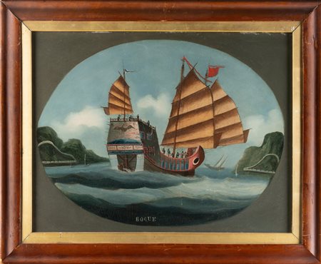 ARTISTA DEL XIX SECOLO Bogue e Canton, velieri cinesi. Olio su carta...