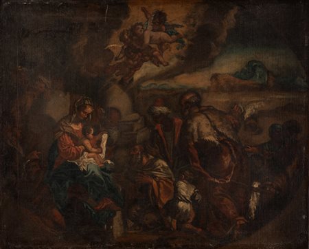 ARTISTA VENETO DEL XVII SECOLO Adorazione dei re magi. Olio su tela . Cm...