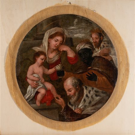 ARTISTA VENETO DEL XVII SECOLO Adorazione dei Re magi. . Olio su tavola. Cm...