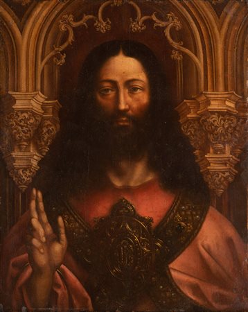 ARTISTA NORDEUROPEO DEL XIX SECOLO Cristo Salvator Mundi. Olio su tavola. Cm...