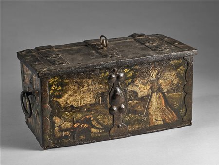 MANIFATTURA TEDESCA DEL XVI SECOLO Piccolo forziere in ferro dipinto in...