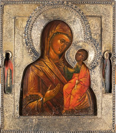 ICONA RUSSA DEL XVIII SECOLO La Vergine di Tichvin in riza in argento dorato....