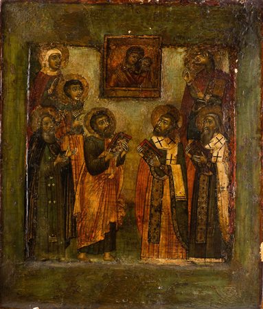 ICONA RUSSA DEL XIX SECOLO Schiera di santi. Tempera su tavola. Cm 28,00 x...