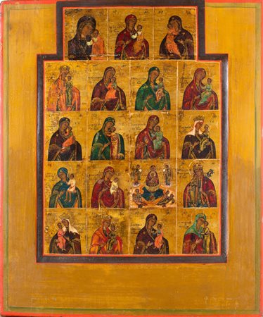 ICONA RUSSA DEL XIX SECOLO Raffigurante immagini della Vergine. Tempera su...