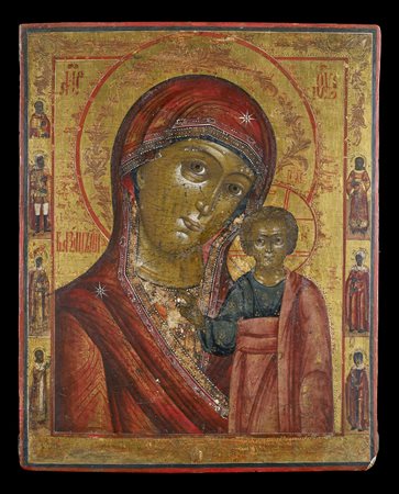 ICONA RUSSA DEL XIX SECOLO Vergine con Bambino. Tempera su tavola. Cm 36,00 x...