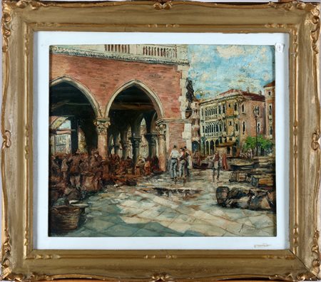 LANDI ANGELO (1879 - 1944) Mercato. . Olio su cartone pressato. Cm 39,50 x...