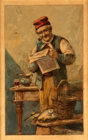 FAVRETTO GIACOMO (1849 - 1887) Attribuito a. La lettura. Acquarello su carta....