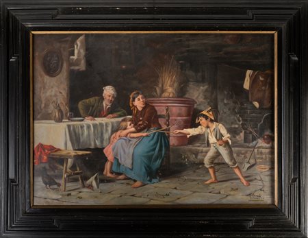 ARTISTA DEL XIX SECOLO Scena d'interno contadino. . Olio su tela . Cm 104,00...