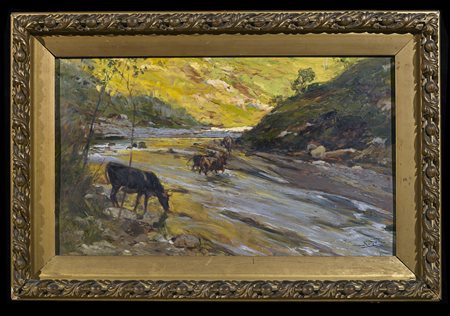 GALLI RICCARDO (1869 - 1944) L'Abbeveraggio. . Olio su tavola. Cm 50,00 x...
