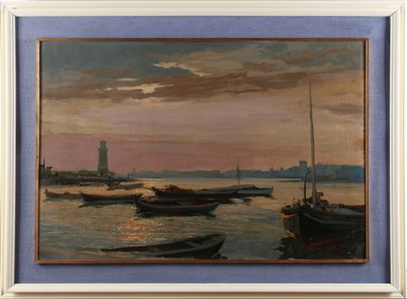 VERNI ARTURO (1891 - 1960) Porto di Desenzano. Olio su compensato. Cm 99,00 x...