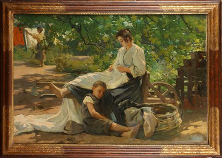 ARTISTA DEL XIX SECOLO Pomeriggio d'estate. Olio su tela . Cm 105,00 x 70,00....