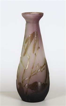 GALLE' Vaso ovoidale in vetro doppio decoro di corilus avellana e foglie nei...