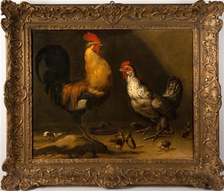 ARTISTA NORDEUROPEO DEL XVII SECOLO Gallo, gallina e pulcini. . Olio su tela...