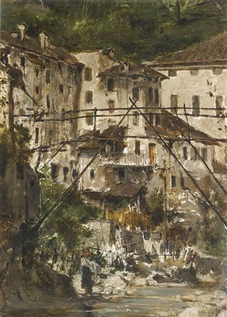 FONTANA ROBERTO (1844 - 1907) Lavandaie al torrente. Olio su tavola. Cm 15,00...