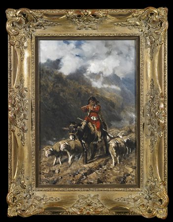 PALIZZI FILIPPO (1818 - 1899) Pastorello con armenti. . Olio su tela . Cm...