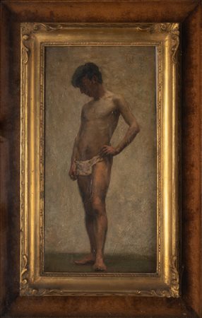 FAVRETTO GIACOMO (1849 - 1887) Nudo virile. Olio su tavola. Cm 17,00 x 33,00....