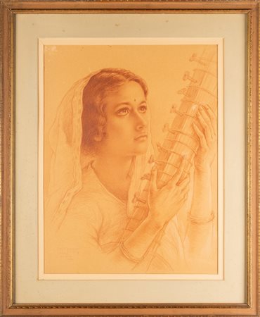 GEORGIEV BORIS (1888 - 1962) Suonatrice di Vina. . Sanguigna su carta . Cm...