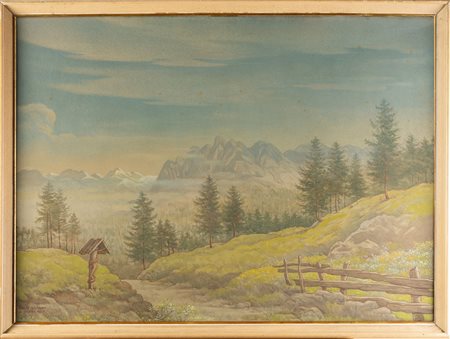 GEORGIEV BORIS (1888 - 1962) Paesaggio con santella. . Olio su faesite. Cm...