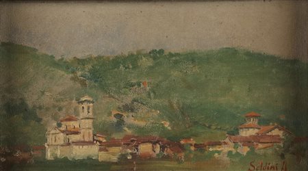 SOLDINI ARNALDO (1862 - 1936) Veduta di paese. . Olio su tavola. Cm 24,00 x...