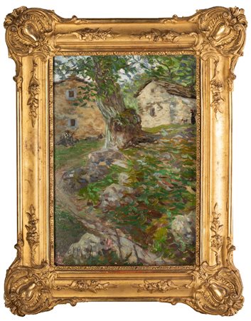 SOLDINI ARNALDO (1862 - 1936) Sentiero e casolari. Olio su cartone pressato....