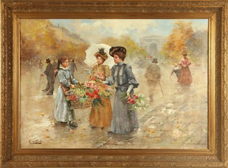 DE SANCTIS GIUSEPPE (1858 - 1924) La venditrice di fiori. Olio su tela . Cm...