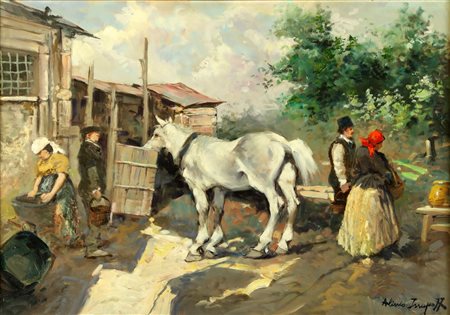 ISSUPOFF ALESSIO (1889 - 1957) Cavallo bianco e contadini. Olio su cartone...