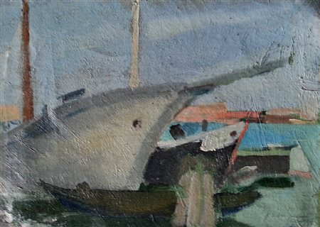 Bernardino Palazzi (Nuoro 1907 - Roma 1986) Piccolo Porto Olio su tela anno...