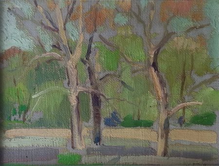 Bernardino Palazzi (Nuoro 1907 - Roma 1986) Villa Borghese Olio su tavola...