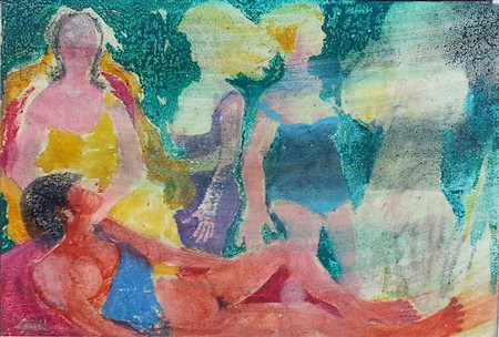 Giuseppe Motti (Arena Po 1908 - Milano 1988) Donne sul Po Olio su masonite cm...