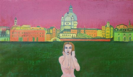 Masino Donna con due delfini invisibili Olio su tela cm 50x90